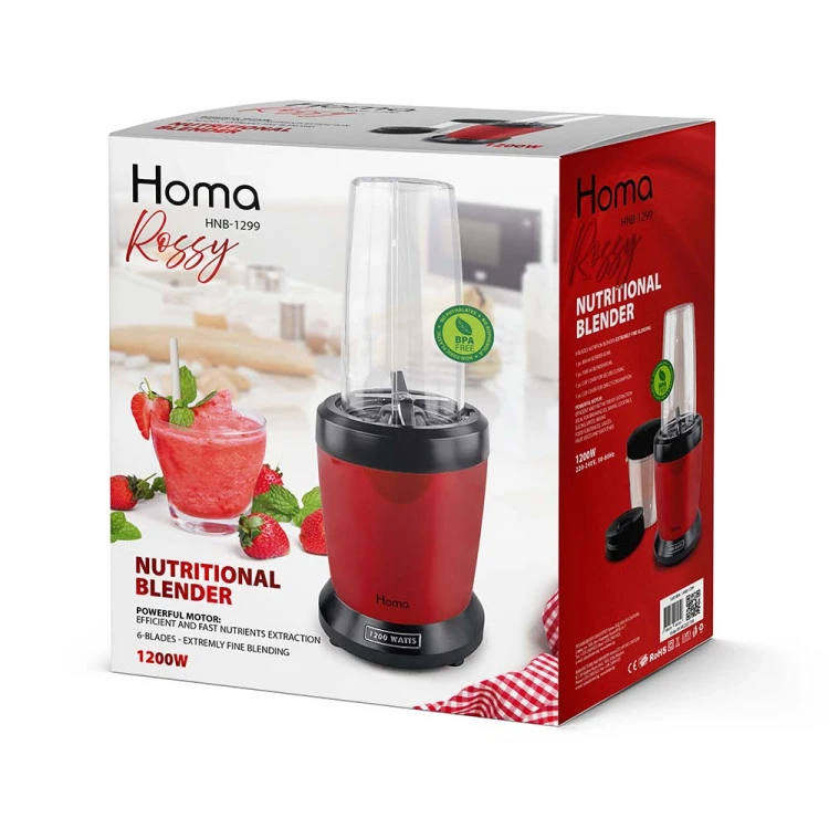 Нутри блендер Homa HNB-1299 Rossy, 1200W, 6 ножа, 2 чаши, червен